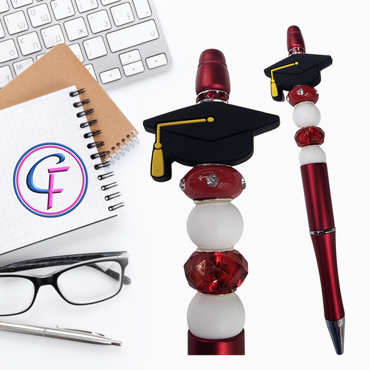 Graduation Cap Red & White with Bling Beaded Pen